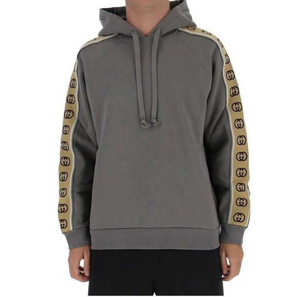 Gucci Interlock G Gray Hoodie With Tan Logo Stripe Sleeve Men’s XXL
